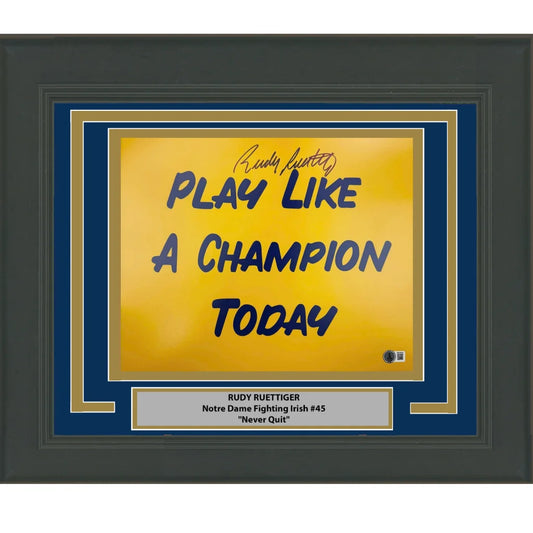 Framed autographed Rudy Ruettiger Play Like a Champion Today Notre Dame plaque