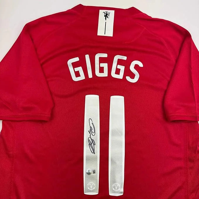 Framed Autographed Ryan Giggs 35x39 Manchester United Red Soccer Jersey Beckett BAS COA | Certified Authentic Signed Memorabilia | vintageantiquesgifts.com