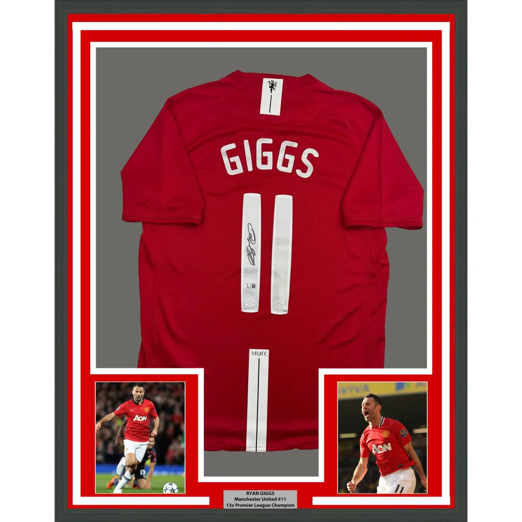 Framed Autographed Ryan Giggs 35x39 Manchester United Red Soccer Jersey Beckett BAS COA | Hall of Fame Sports Memorabilia | vintageantiquesgifts.com