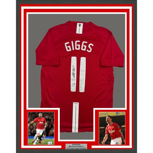 Framed Autographed Ryan Giggs 35x39 Manchester United Red Soccer Jersey Beckett BAS COA | Hall of Fame Sports Memorabilia | vintageantiquesgifts.com