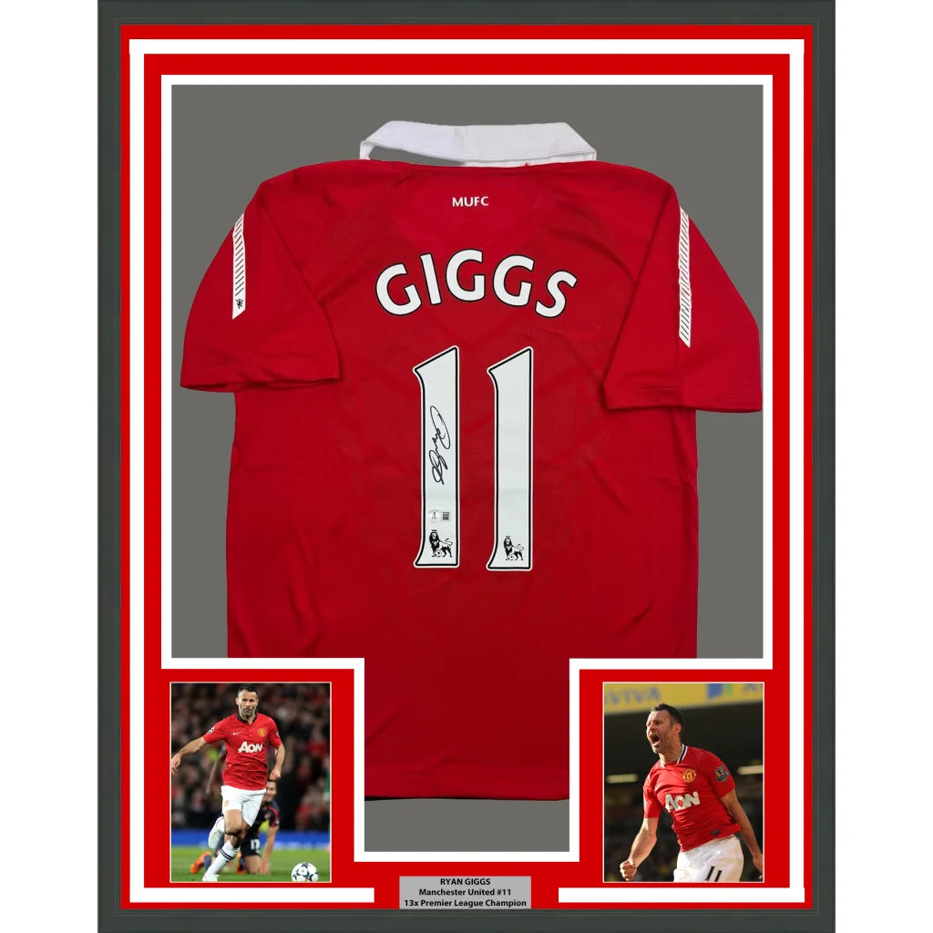 Framed Autographed Ryan Giggs 35x39 Manchester United Red Soccer Jersey Beckett BAS COA | Hall of Fame Sports Memorabilia | vintageantiquesgifts.com