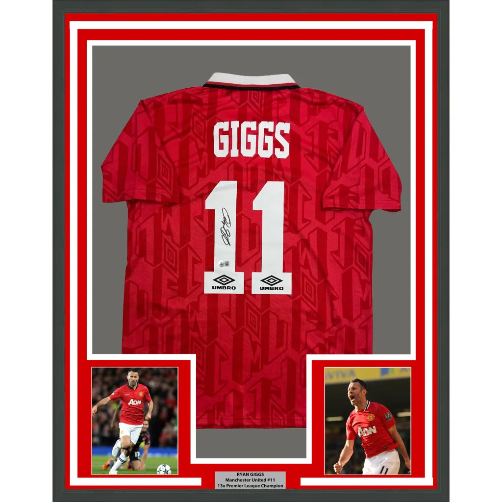 Framed Autographed Ryan Giggs 35x39 Manchester United Red Soccer Jersey Beckett BAS COA | Hall of Fame Sports Memorabilia | vintageantiquesgifts.com