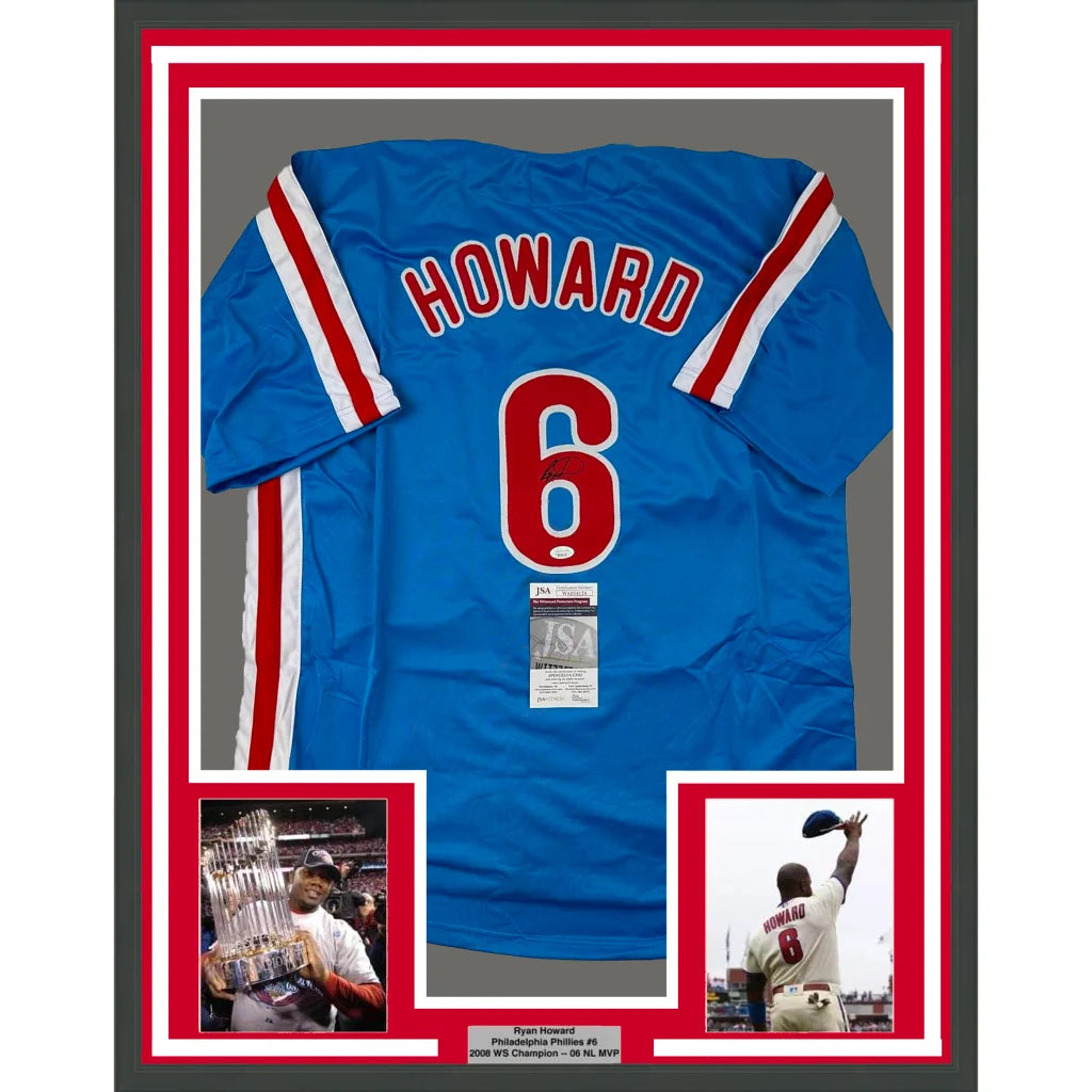 Framed Ryan Howard Philadelphia Phillies #6 autographed jersey in man cave display with inset photos