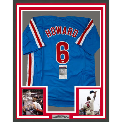 Framed Ryan Howard Philadelphia Phillies #6 autographed jersey in man cave display with inset photos