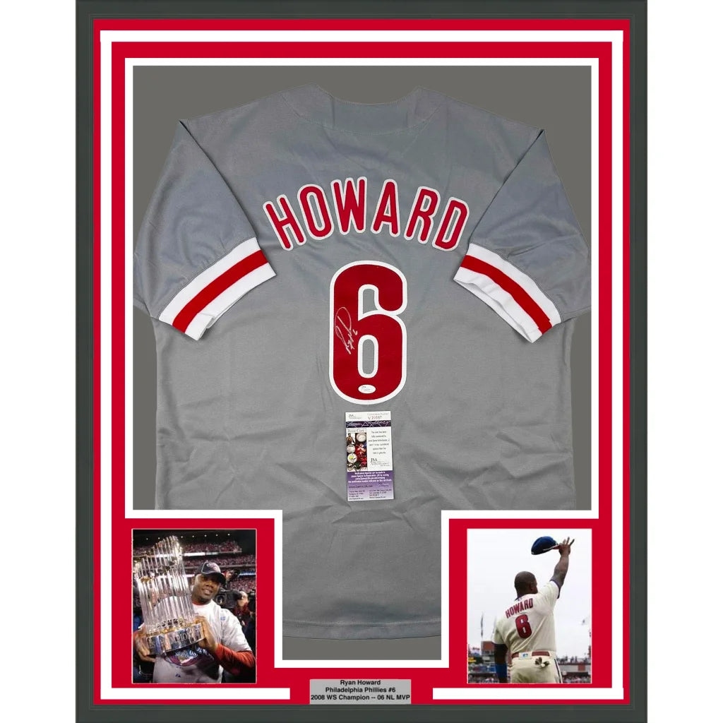 Framed Autographed Ryan Howard 35x39 Philadelphia Grey Baseball Jersey JSA COA | Hall of Fame Sports Memorabilia | vintageantiquesgifts.com