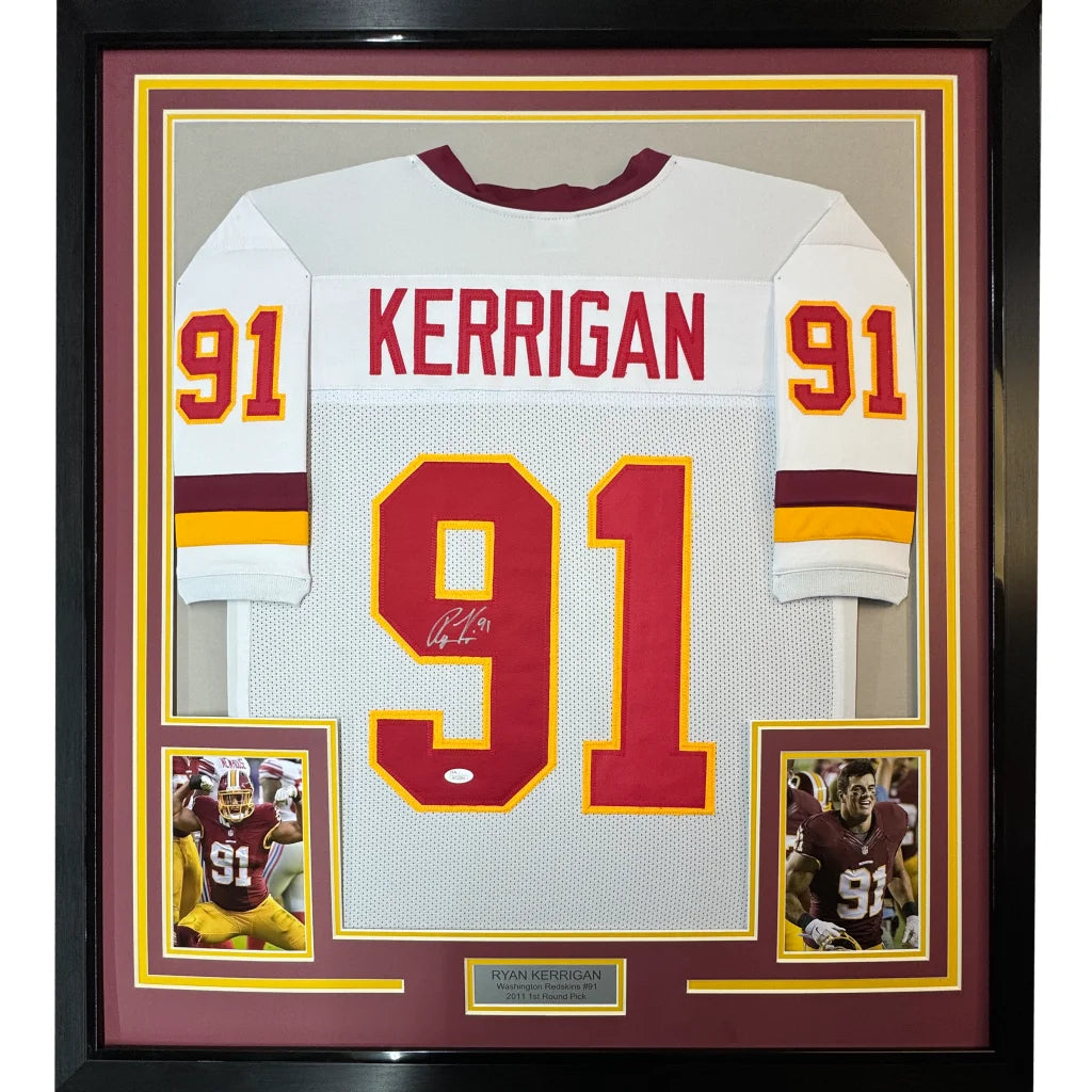 Framed Autographed Ryan Kerrigan 35x39 Washington White Football Jersey JSA COA | Hall of Fame Sports Memorabilia | vintageantiquesgifts.com