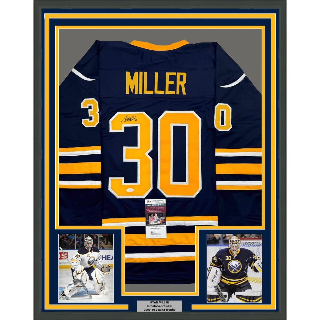 Professionally framed Buffalo blue hockey jersey with Ryan Miller autograph on display