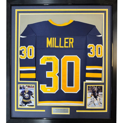 Framed Autographed Ryan Miller 35x39 Buffalo Blue Hockey Jersey JSA COA | Hall of Fame Sports Memorabilia | vintageantiquesgifts.com