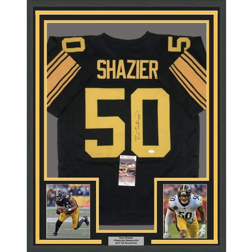 Black pittsburgh steelers framed autographed ryan shazier football jersey with gold lettering and number 50 on back