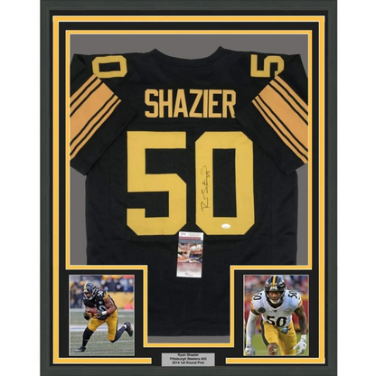Black pittsburgh steelers framed autographed ryan shazier football jersey with gold lettering and number 50 on back