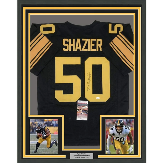 Black pittsburgh steelers framed autographed ryan shazier football jersey with gold lettering and number 50 on back