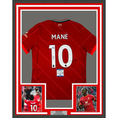 Framed Autographed Sadio Mane 35x39 Liverpool Red Soccer Jersey Beckett BAS COA | Hall of Fame Sports Memorabilia | vintageantiquesgifts.com