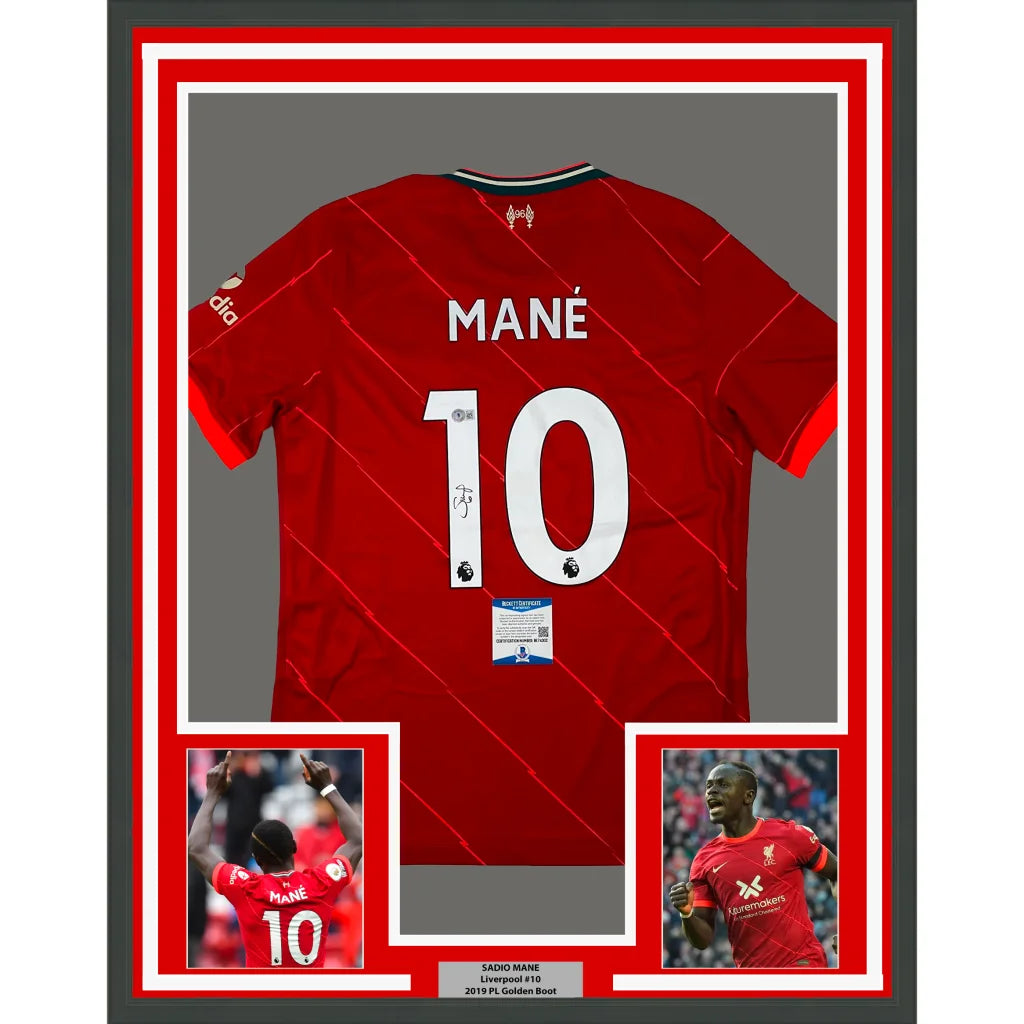 Framed autographed Sadio Mané Liverpool FC jersey with photos on display