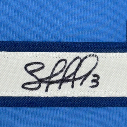 Blue fabric with white dark blue striped band and signature for PEREZ 13 Jersey