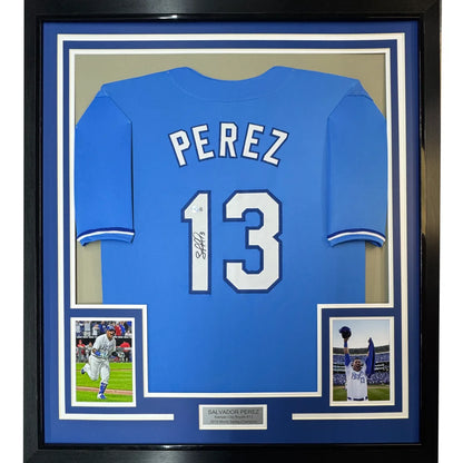 Autographed blue PEREZ 13 baseball jersey in a frame with photos for sale
