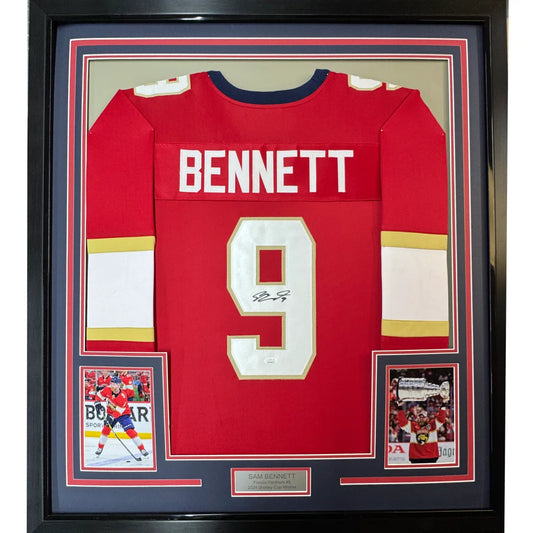 Framed Autographed Sam Bennett 35x39 Florida Red Hockey Jersey JSA COA | Hall of Fame Sports Memorabilia | vintageantiquesgifts.com