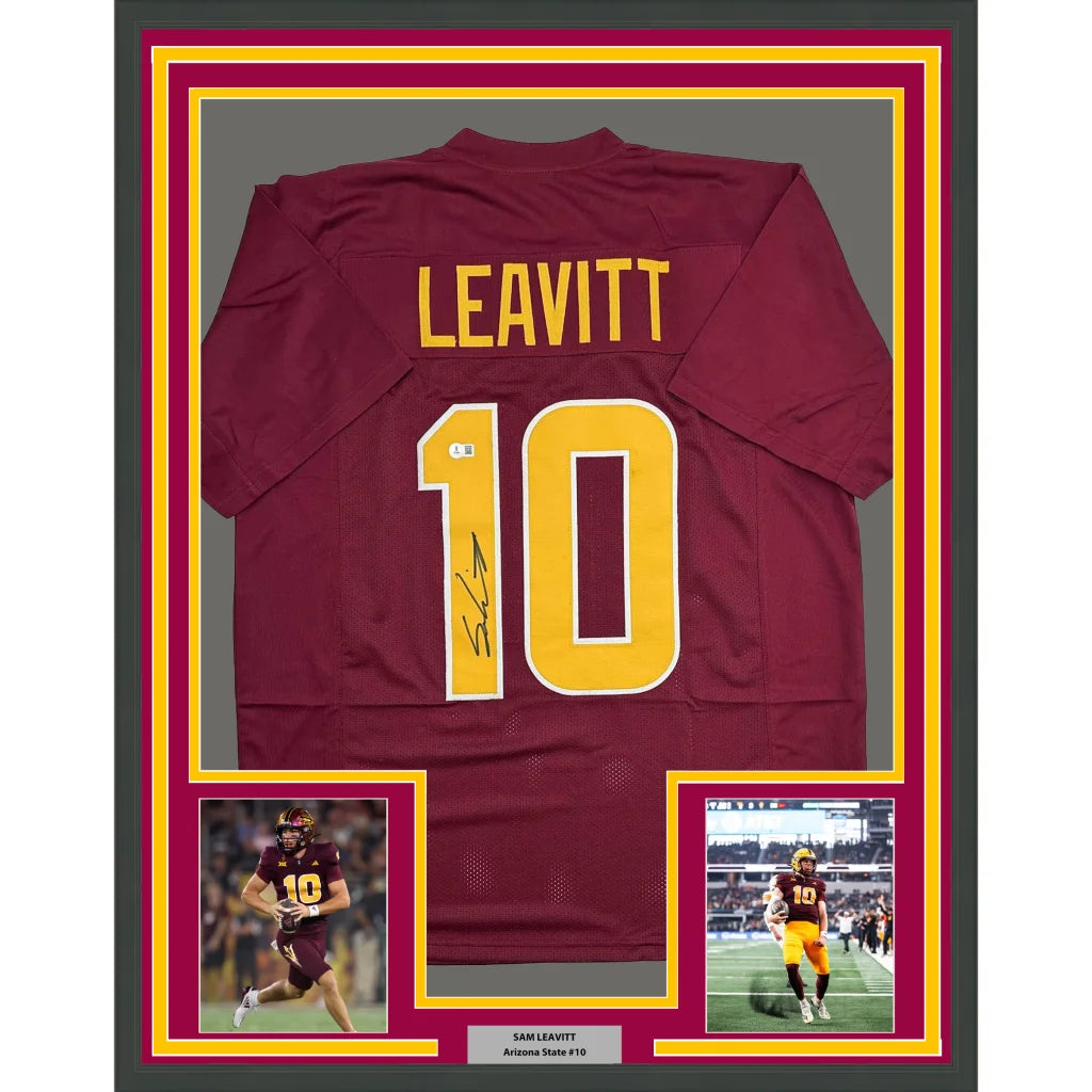 Framed autographed Sam Leavitt Arizona State maroon jersey back, Leavitt 10