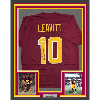 Framed autographed Sam Leavitt Arizona State maroon jersey back, Leavitt 10
