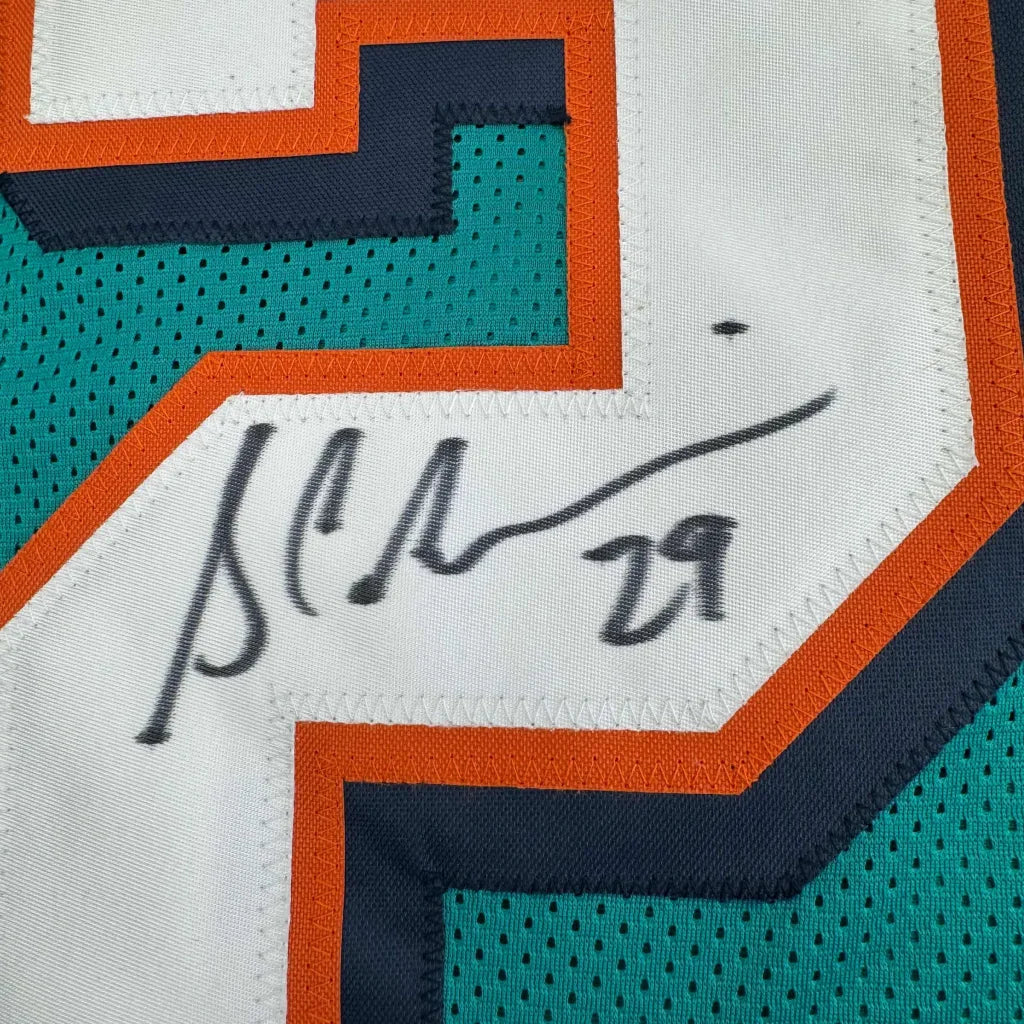 Framed autographed Sam Madison Miami Dolphins teal jersey with B signature, JSA COA