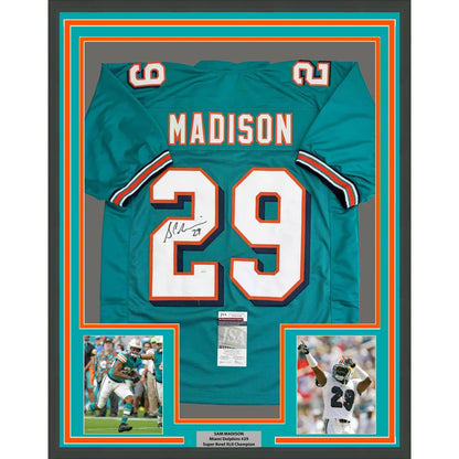Framed autographed teal Miami Dolphins jersey with Madison 29 signed by Sam Madison