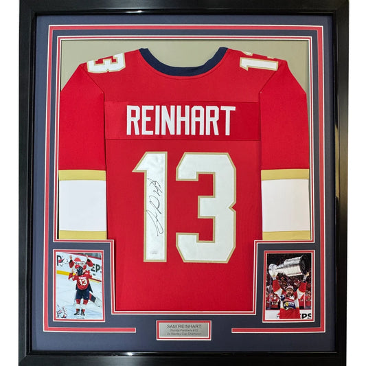 Sam Reinhart autographed red hockey jersey in a professionally framed display for your man cave