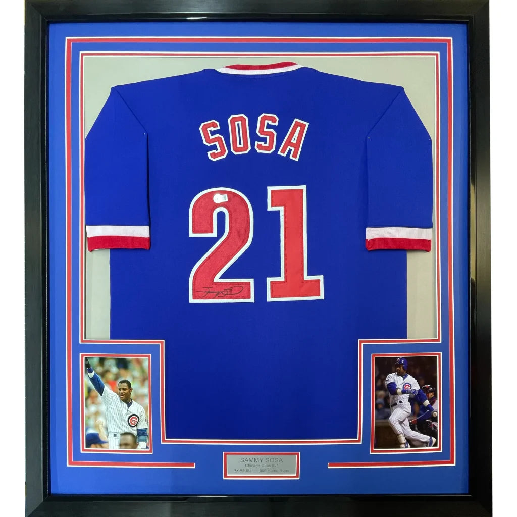 Framed Autographed Sammy Sosa 35x39 Chicago Blue Baseball Jersey JSA COA | Hall of Fame Sports Memorabilia | vintageantiquesgifts.com