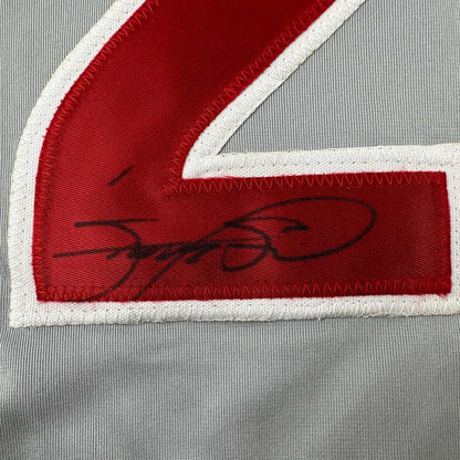Framed autographed Sammy Sosa Chicago gray baseball jersey with red-white number 2 patch and signature, Beckett BAS COA