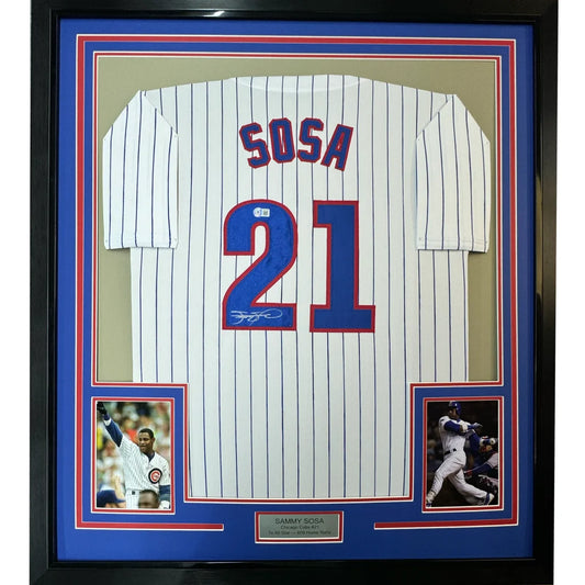 Framed Autographed Sammy Sosa 35x39 Chicago Pinstripe Baseball Jersey Beckett BAS COA | Hall of Fame Sports Memorabilia | vintageantiquesgifts.com