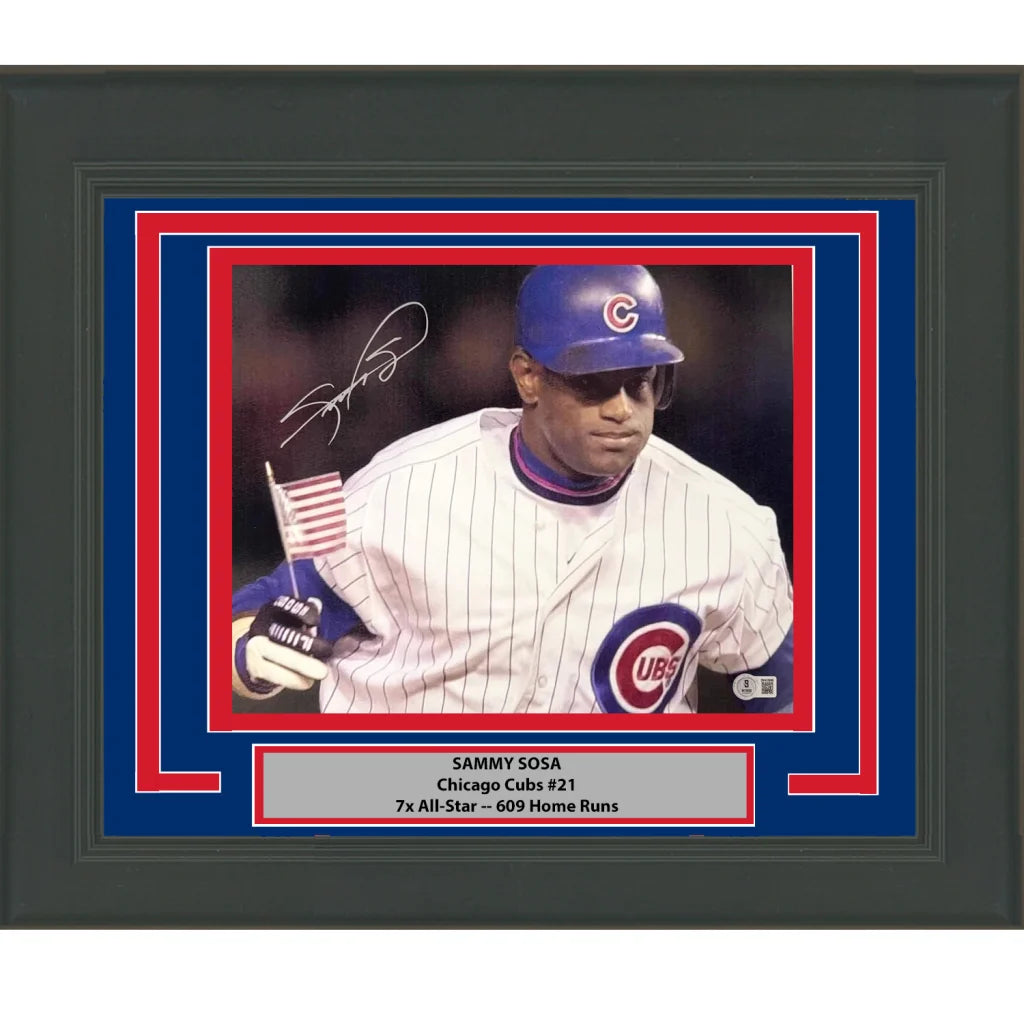 Framed autographed Sammy Sosa Chicago Cubs photo for your man cave decor