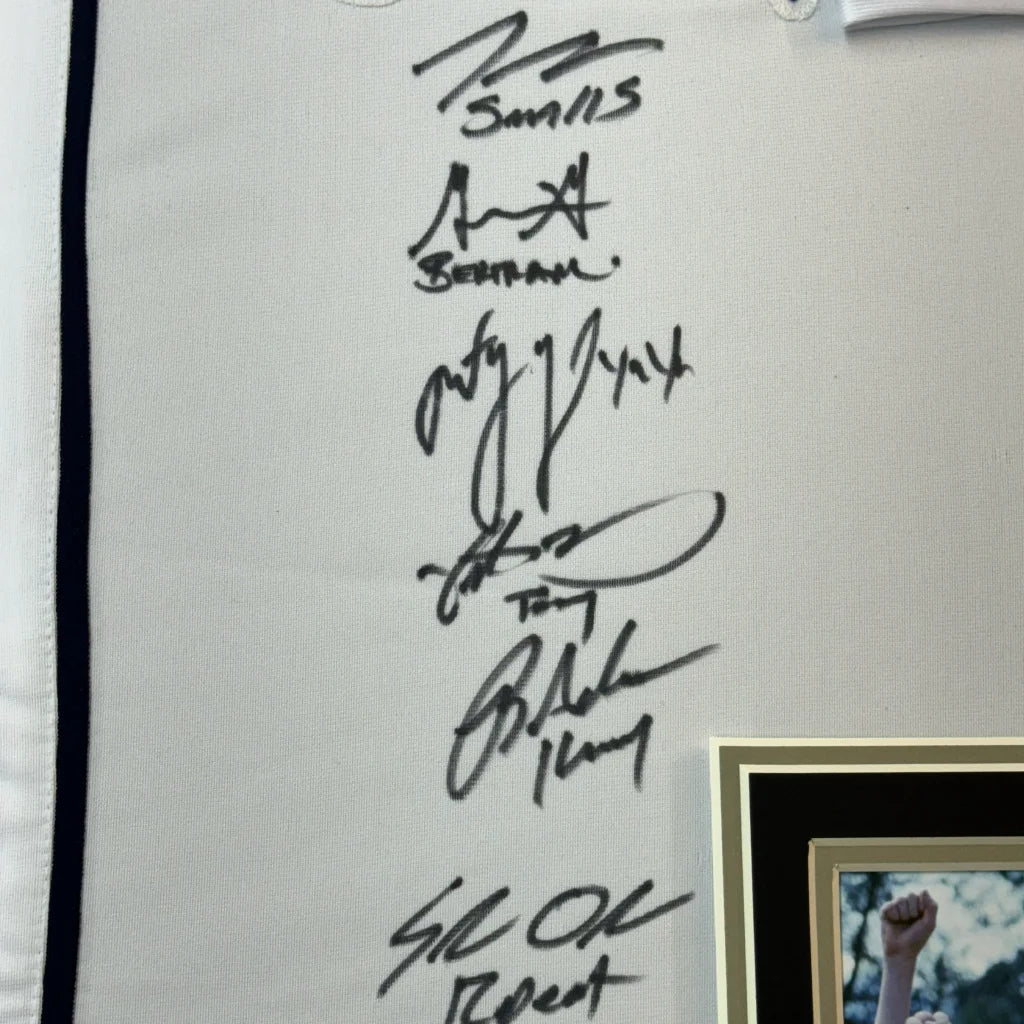 Framed Autographed The Sandlot Movie 35x39 6x Cast Member Sigs White Baseball Jersey Beckett BAS COA | Certified Authentic Signed Memorabilia | vintageantiquesgifts.com