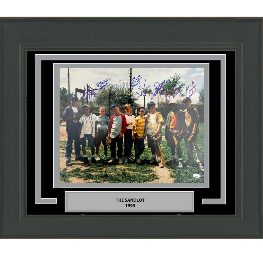 Framed black-framed signed The Sandlot 1993 cast photo with 8 purple ink autographs JSA COA