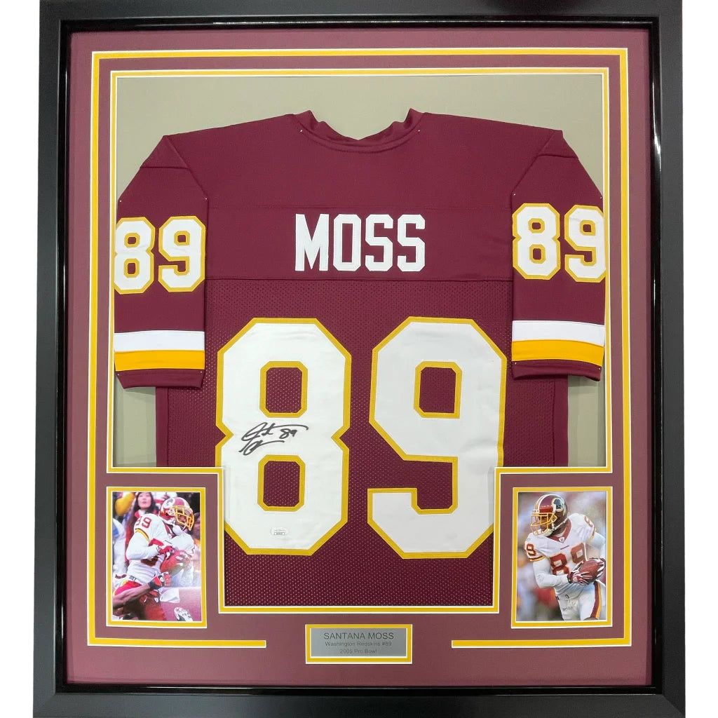 Back side of a framed autographed washington burgundy football jersey featuring moss 89 with white and gold numbering