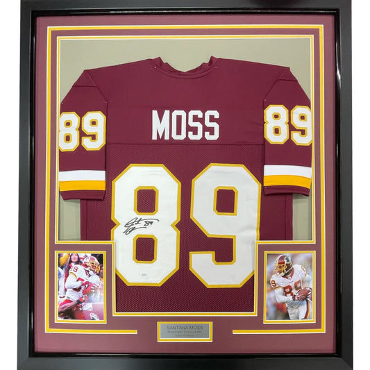 Back side of a framed autographed washington burgundy football jersey featuring moss 89 with white and gold numbering