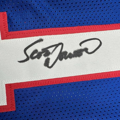 Framed Autographed Scott Norwood 35x39 Buffalo Blue Football Jersey Beckett BAS COA | Certified Authentic Signed Memorabilia | vintageantiquesgifts.com