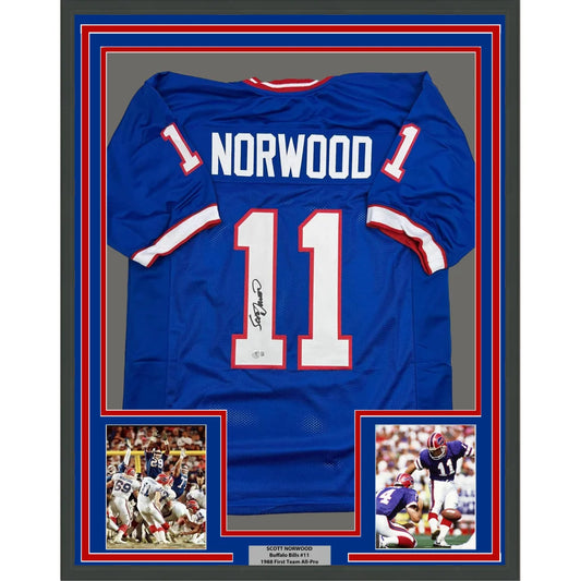 Framed Autographed Scott Norwood 35x39 Buffalo Blue Football Jersey Beckett BAS COA | Hall of Fame Sports Memorabilia | vintageantiquesgifts.com