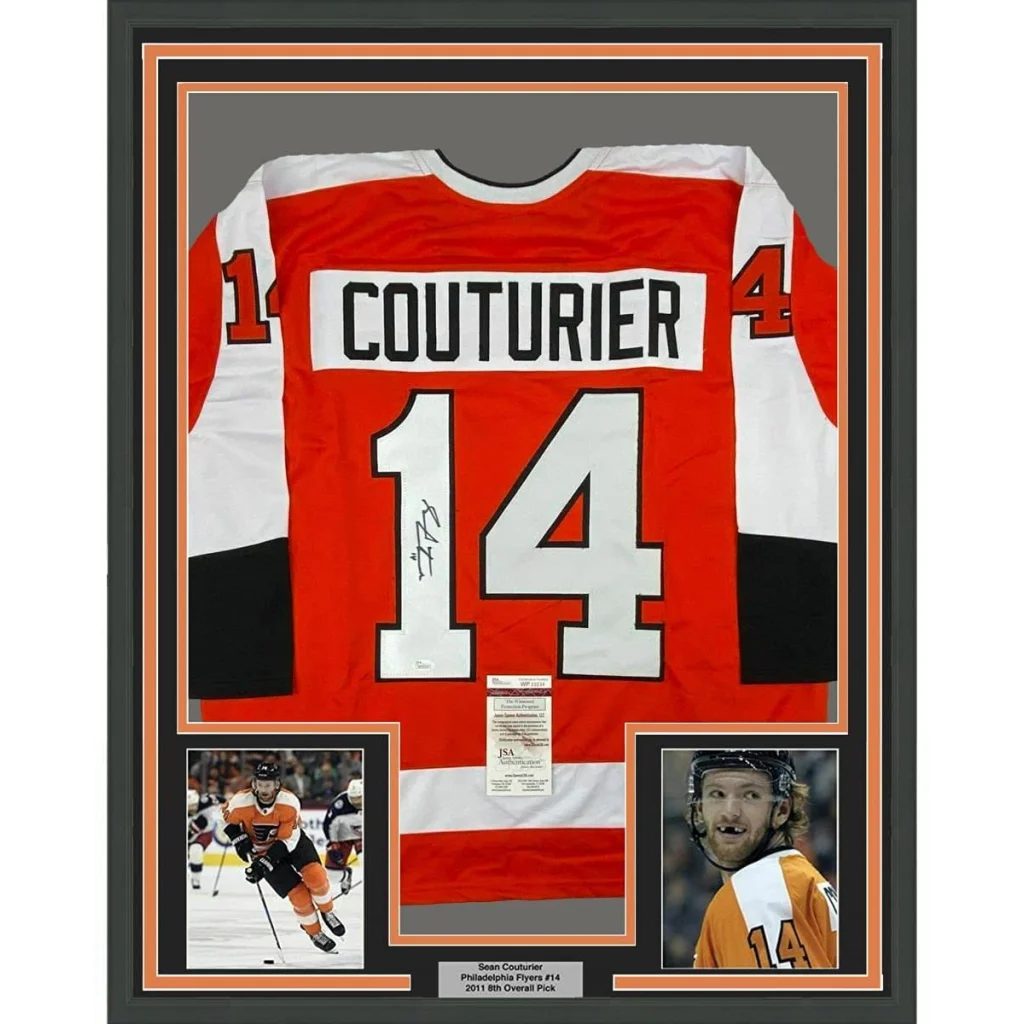 Framed autographed Sean Couturier Philadelphia Flyers orange jersey back, number 14