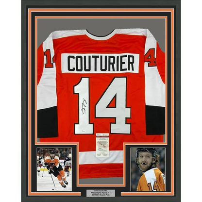 Framed autographed Sean Couturier Philadelphia Flyers orange jersey back, number 14