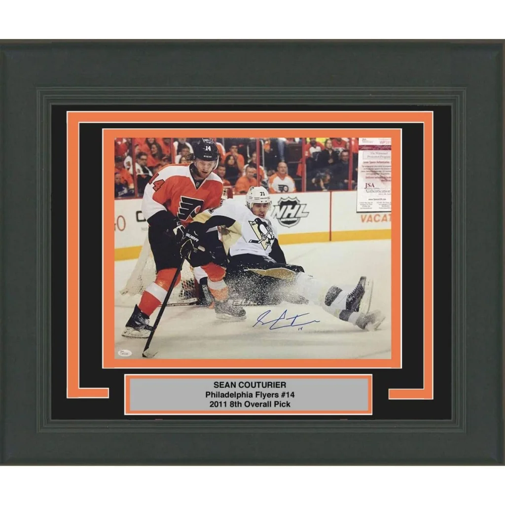 Framed Autographed Sean Couturier vs. Evgeni Malkin 16x20 Philadelphia Flyers Hockey Photo JSA COA | Hall of Fame Sports Memorabilia | vintageantiquesgifts.com
