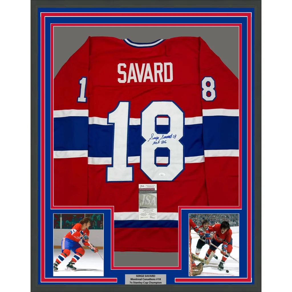 Framed Autographed Serge Savard 35x39 HOF 86 Montreal Red Hockey Jersey JSA COA | Hall of Fame Sports Memorabilia | vintageantiquesgifts.com