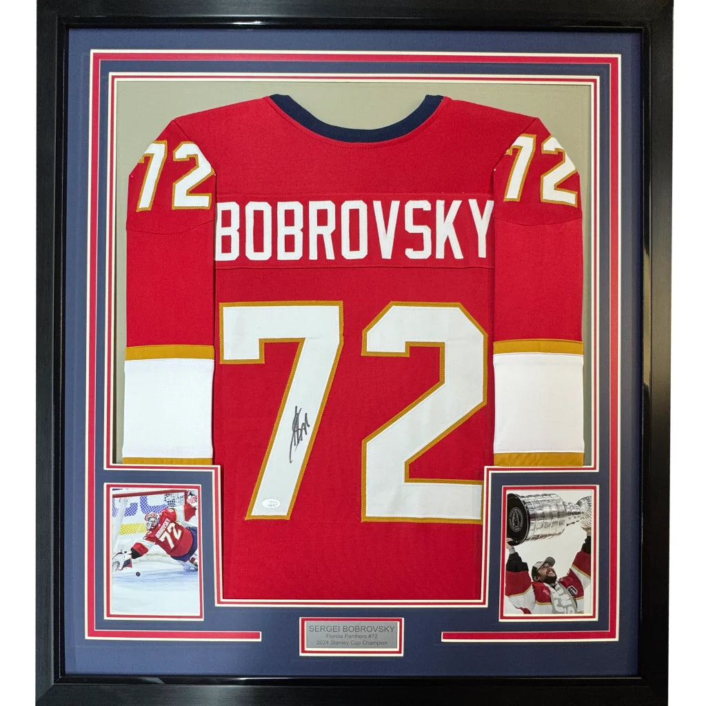 Professionally framed Sergei Bobrovsky autographed jersey 35x39 inches display