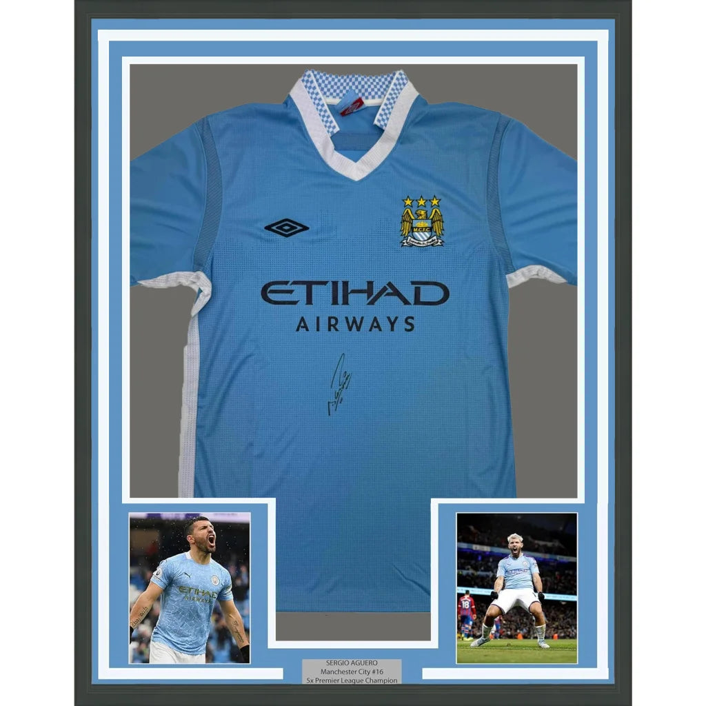 Framed light blue Manchester City jersey signed by Sergio Kun Aguero with player photos for your man cave