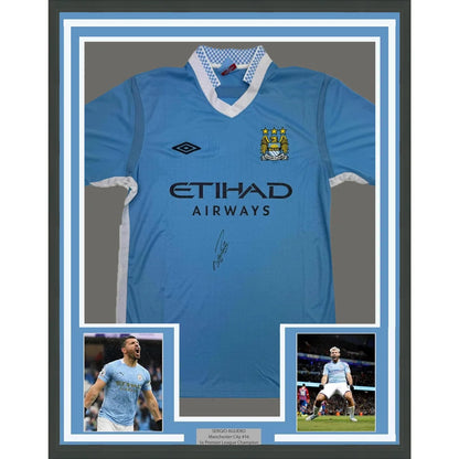 Framed light blue Manchester City jersey signed by Sergio Kun Aguero with player photos for your man cave