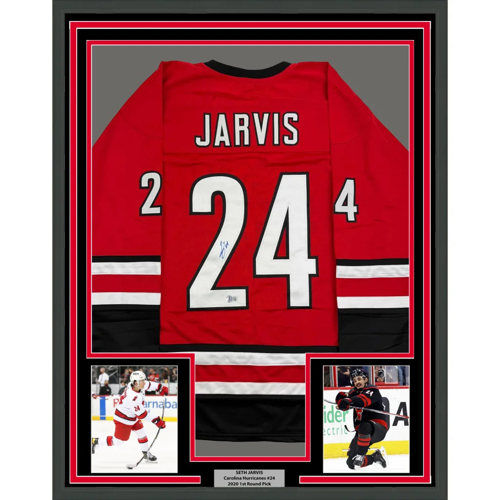 Professionally framed Seth Jarvis Carolina Hurricanes hockey jersey 35x39 inches for man cave