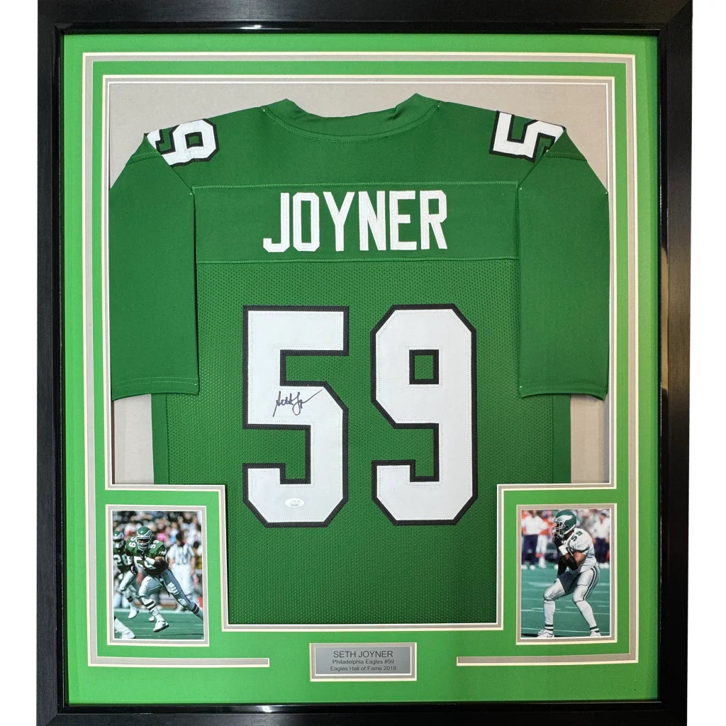 Framed Seth Joyner signed jersey with action photos and plaque for your man cave