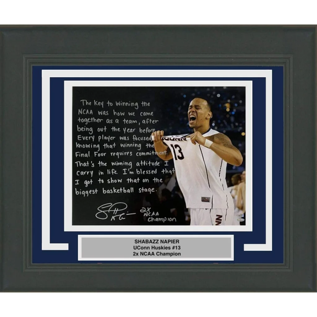 Framed Autographed Shabazz Napier Inscribed Story UConn Huskies 16x20 College Basketball Photo Fanatics COA | Hall of Fame Sports Memorabilia | vintageantiquesgifts.com