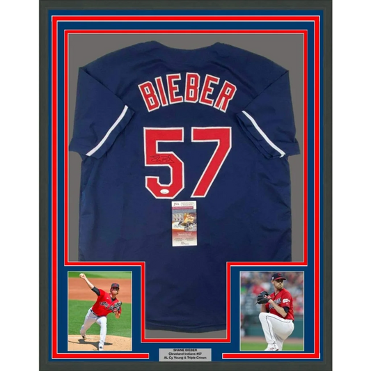 Framed Autographed Shane Bieber 35x39 Cleveland Blue Baseball Jersey JSA COA | Hall of Fame Sports Memorabilia | vintageantiquesgifts.com