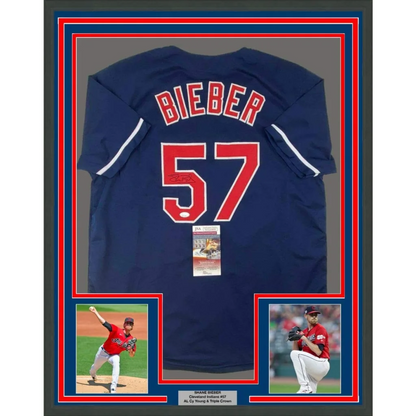 Framed navy blue Justin Bieber baseball jersey with BIEBER 57 and two action photos