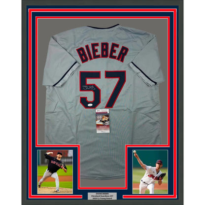 Framed Autographed Shane Bieber 35x39 Cleveland Grey Baseball Jersey JSA COA | Hall of Fame Sports Memorabilia | vintageantiquesgifts.com