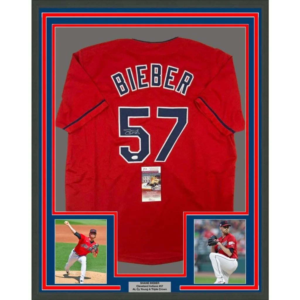 Framed Autographed Shane Bieber 35x39 Cleveland Red Baseball Jersey JSA COA | Hall of Fame Sports Memorabilia | vintageantiquesgifts.com