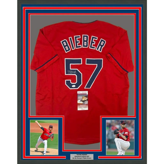Framed Autographed Shane Bieber 35x39 Cleveland Red Baseball Jersey JSA COA | Hall of Fame Sports Memorabilia | vintageantiquesgifts.com